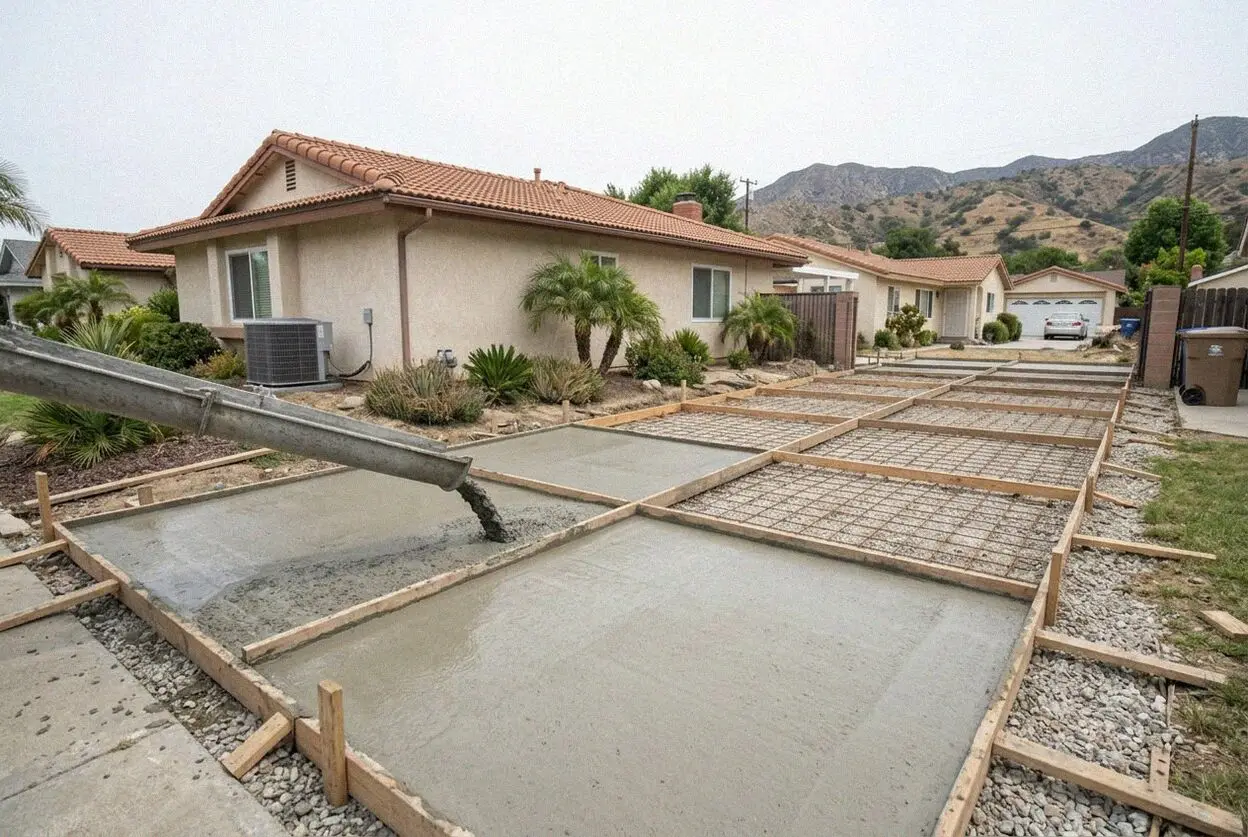 Concrete crew smoothing a residential driveway in Arcadia