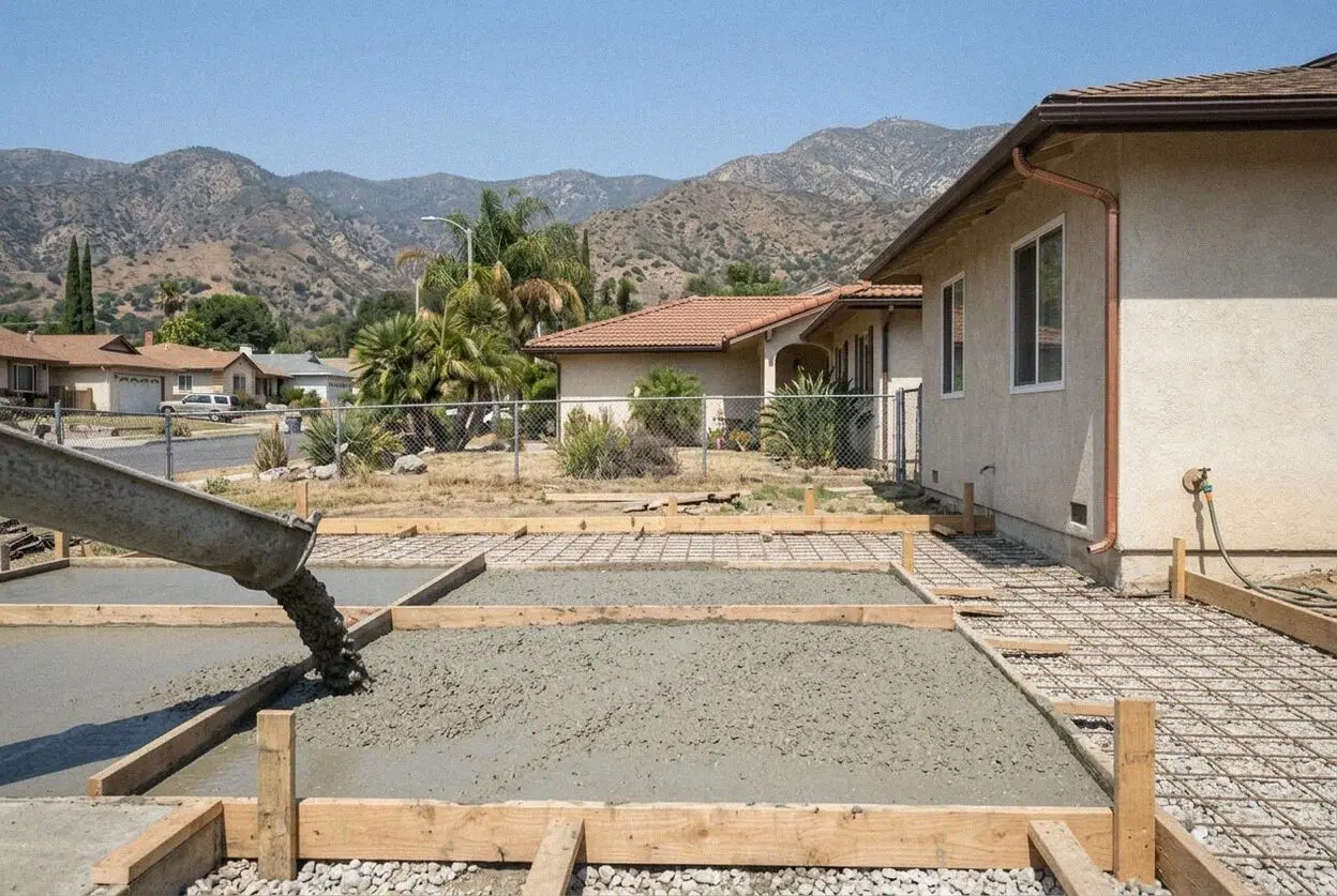 Pouring and screeding a residential concrete slab in Azusa