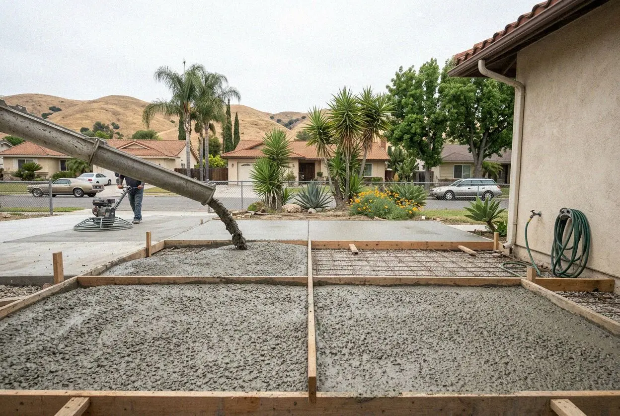Pouring and finishing a reinforced concrete driveway in Brea