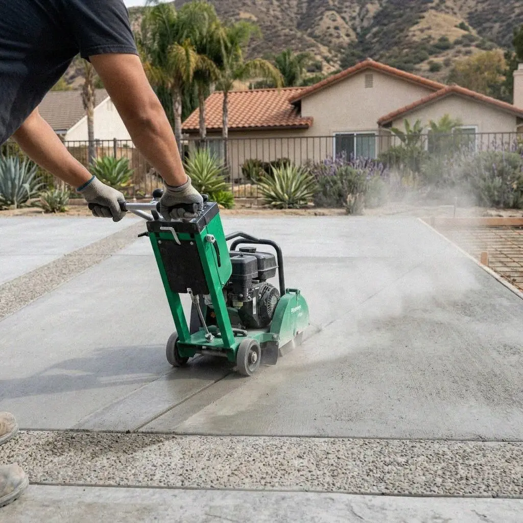 Diamond blade cutting a straight trench in a West Covina driveway.
