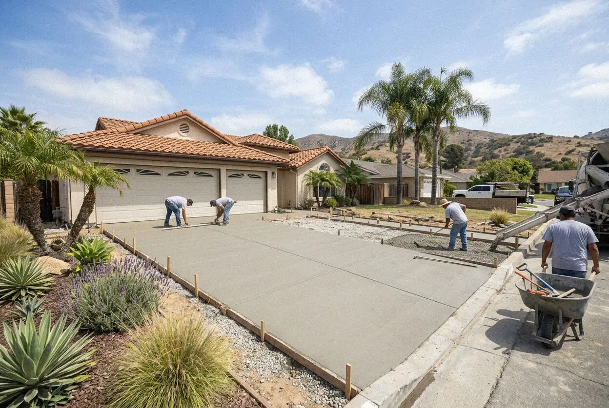 Pouring a reinforced concrete driveway at a West Covina residence