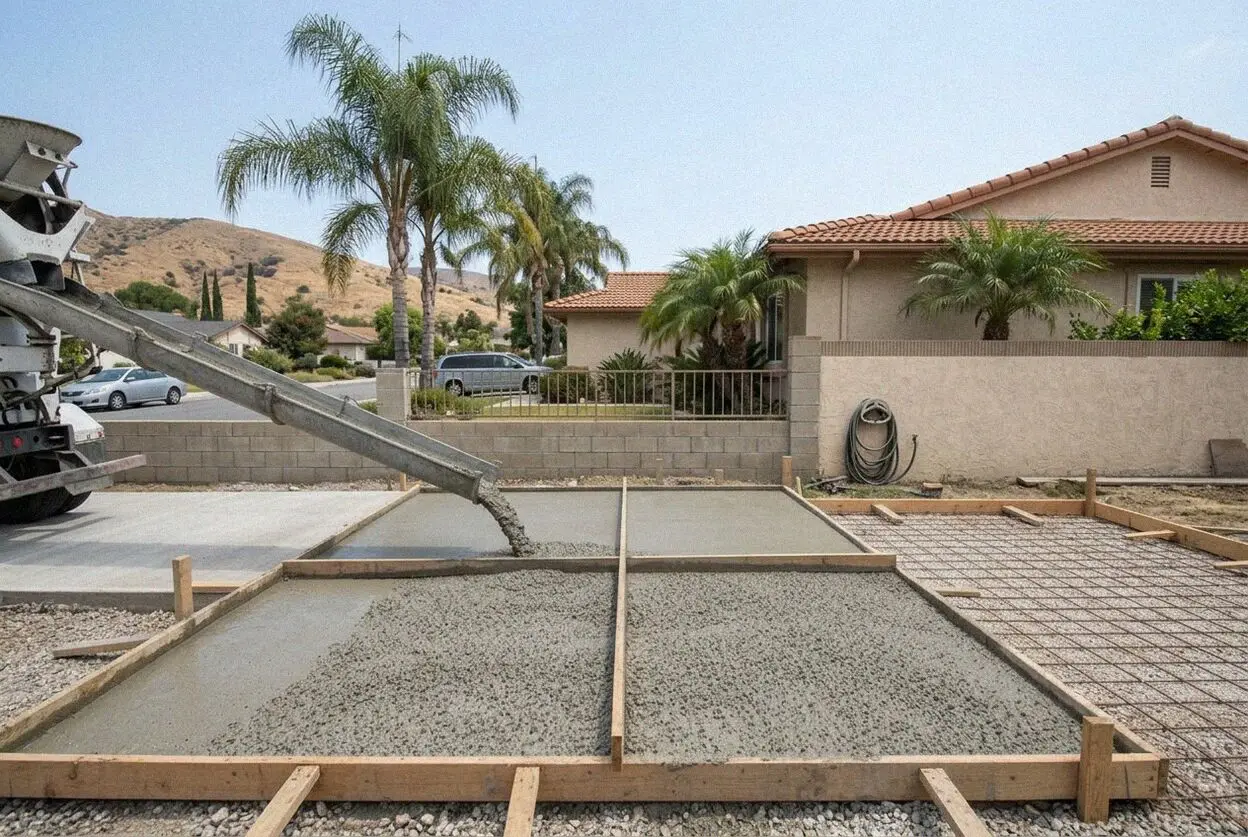 Pouring and finishing a reinforced concrete patio in Duarte