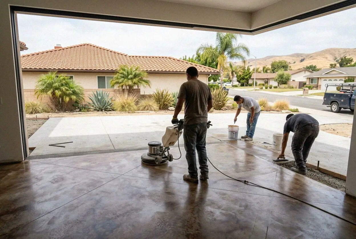 Troweling a smooth interior concrete floor inside a West Covina home