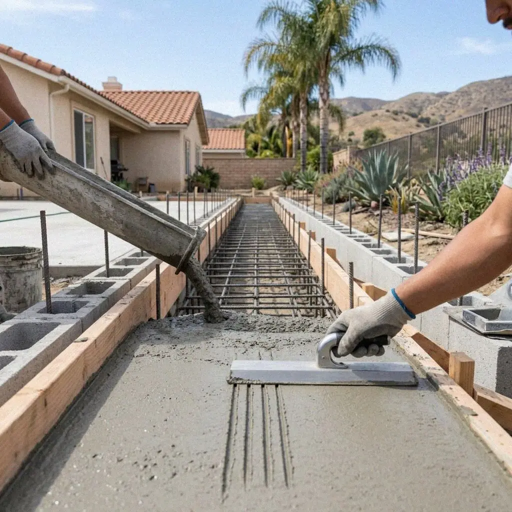 Steel reinforcement cages placed in footing trenches in West Covina