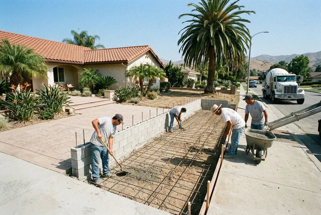 Pouring concrete footings with steel rebar for a home in West Covina