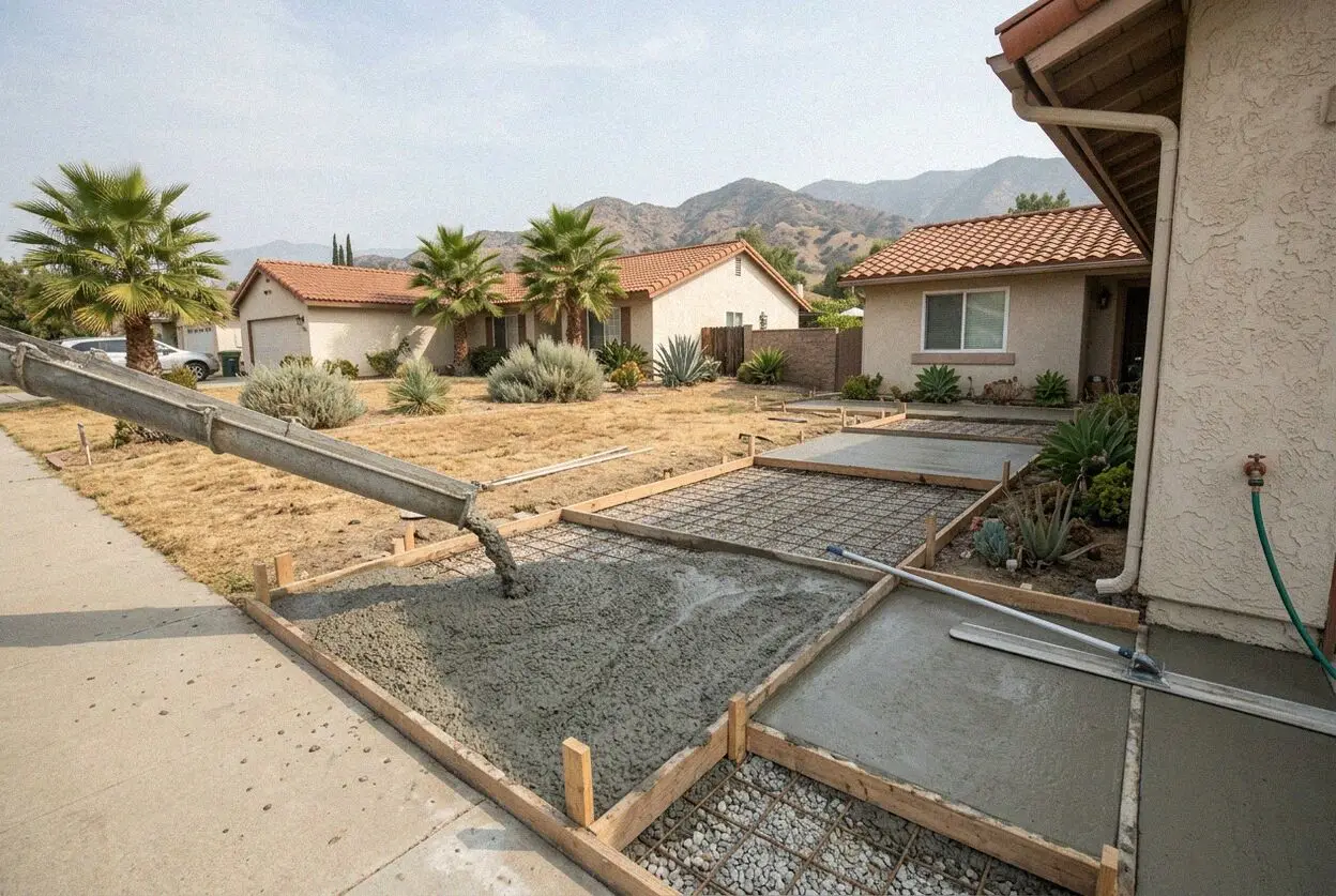 Pouring and finishing a concrete driveway slab in Glendora