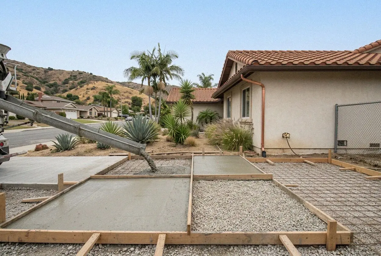Pouring reinforced concrete footings on a La Habra Heights slope