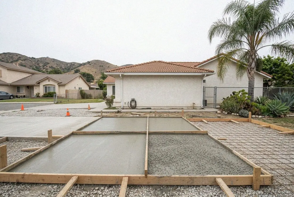 Finishing wet concrete for a residential driveway in La Habra