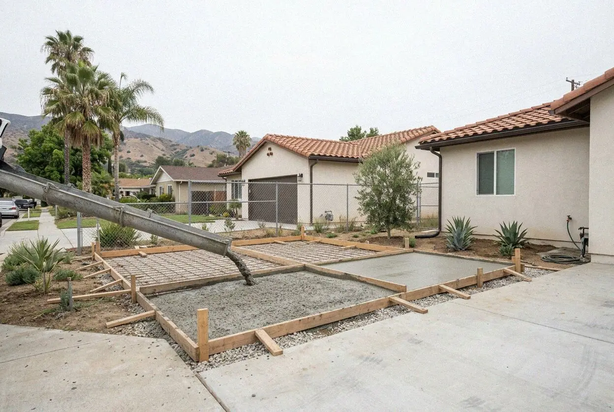 Pouring and finishing a new concrete driveway in La Verne