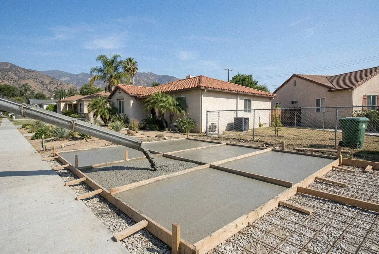 Workers placing a reinforced concrete driveway in Monrovia