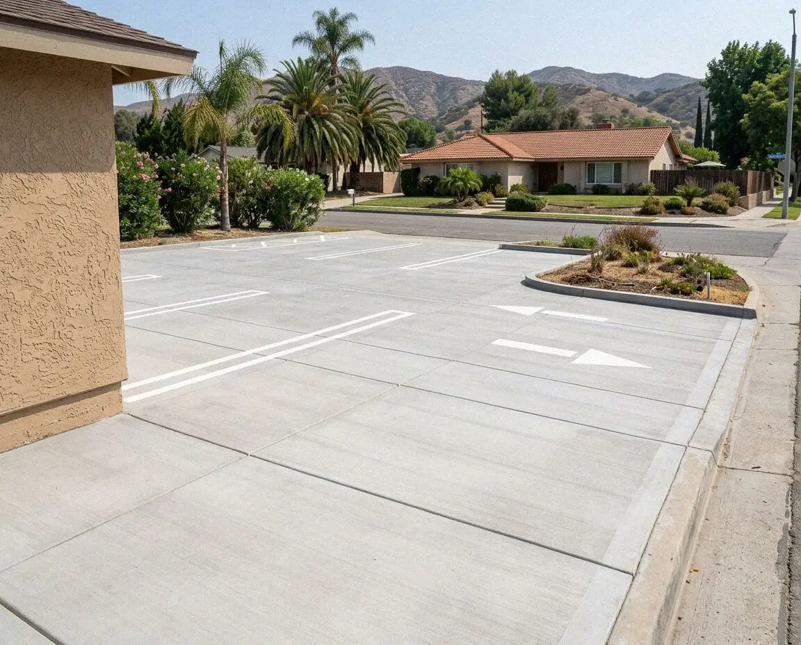 Concrete parking lot pour at a commercial center in West Covina
