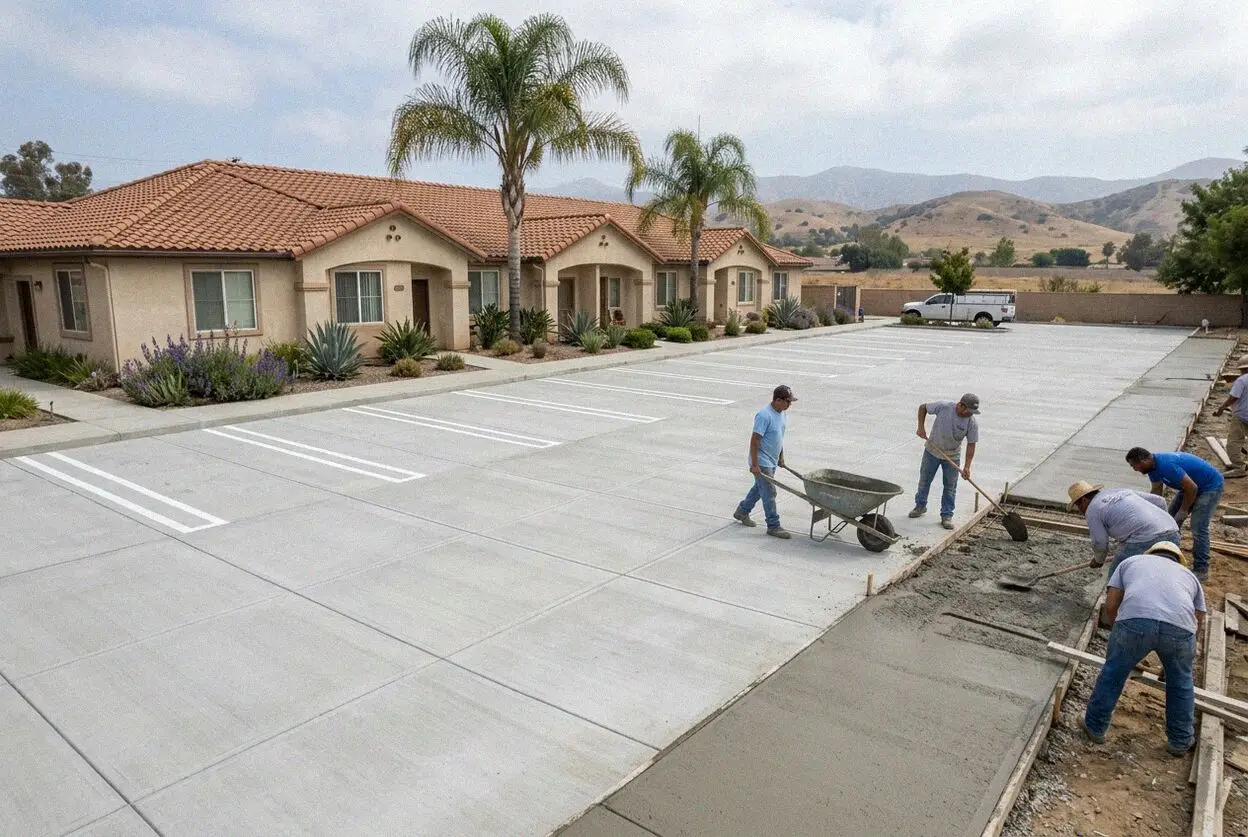 Finishing a reinforced concrete parking lot pour in West Covina