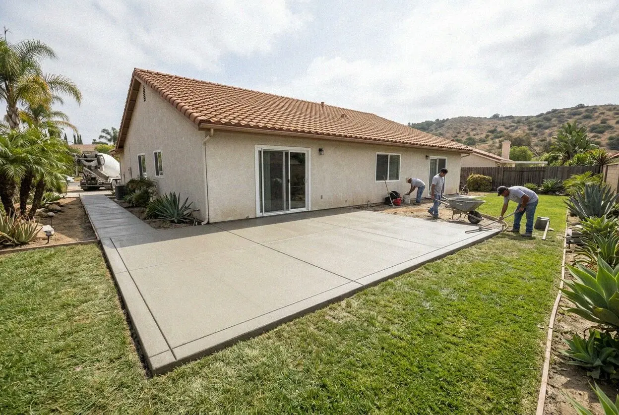 Crew screeding a new concrete patio slab in a West Covina backyard