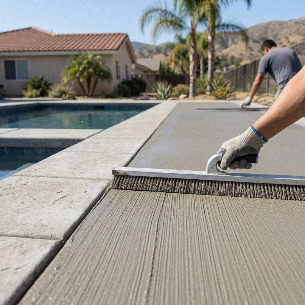 Completed broom finish pool deck on a residential lot in West Covina