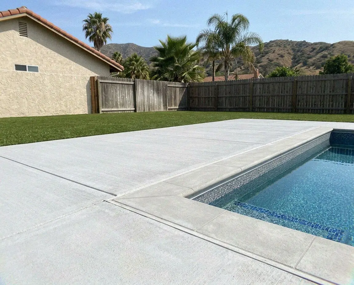 Concrete pool deck around a residential swimming pool in West Covina