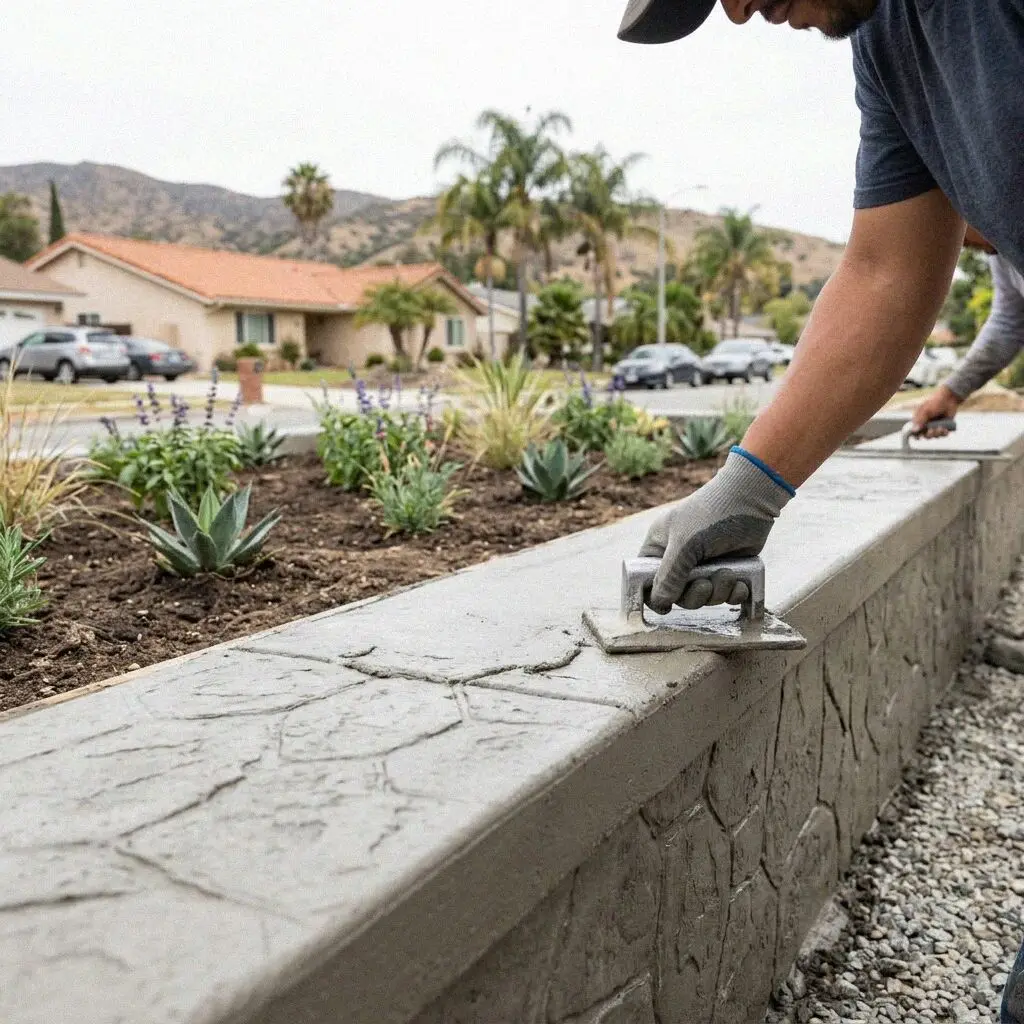 Finished concrete retaining wall on a terraced yard in West Covina