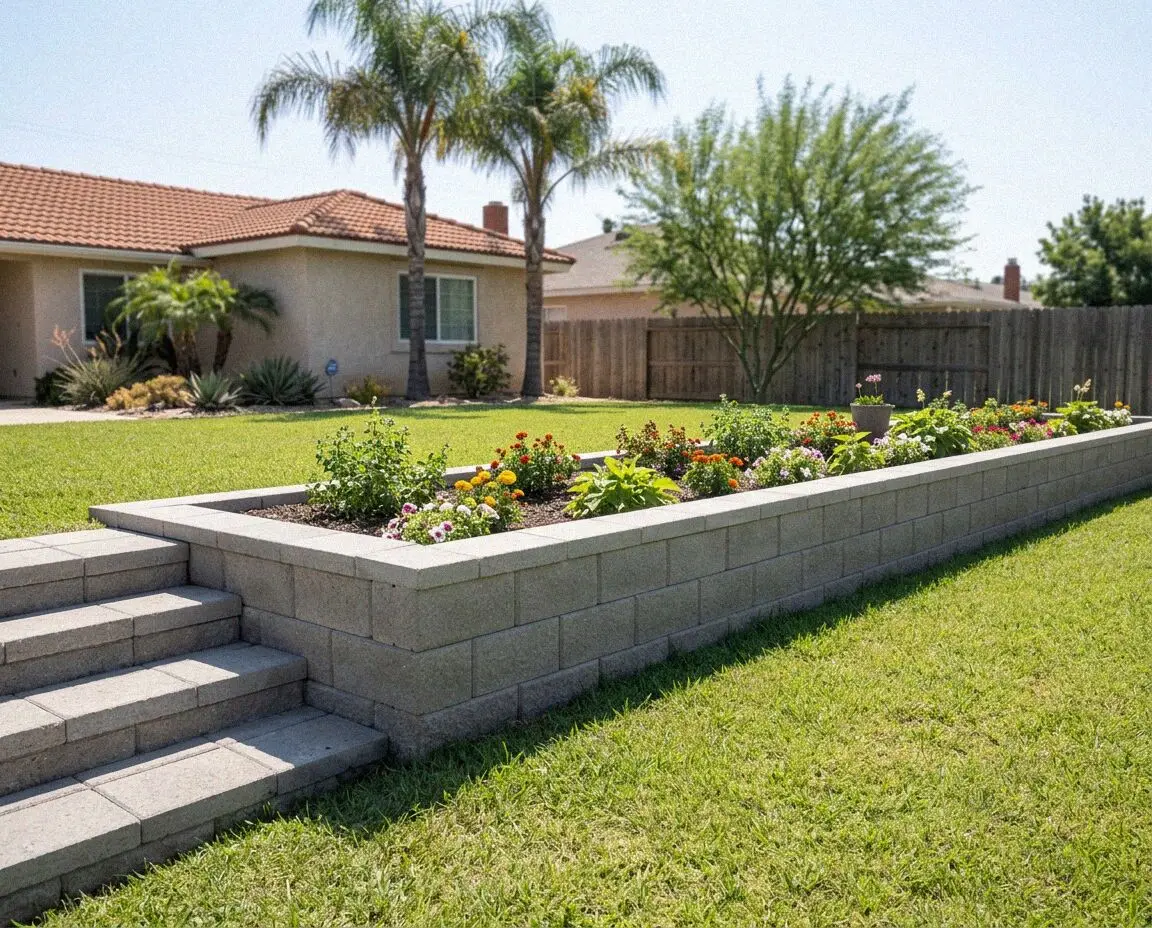 Poured concrete retaining wall along a residential yard in West Covina