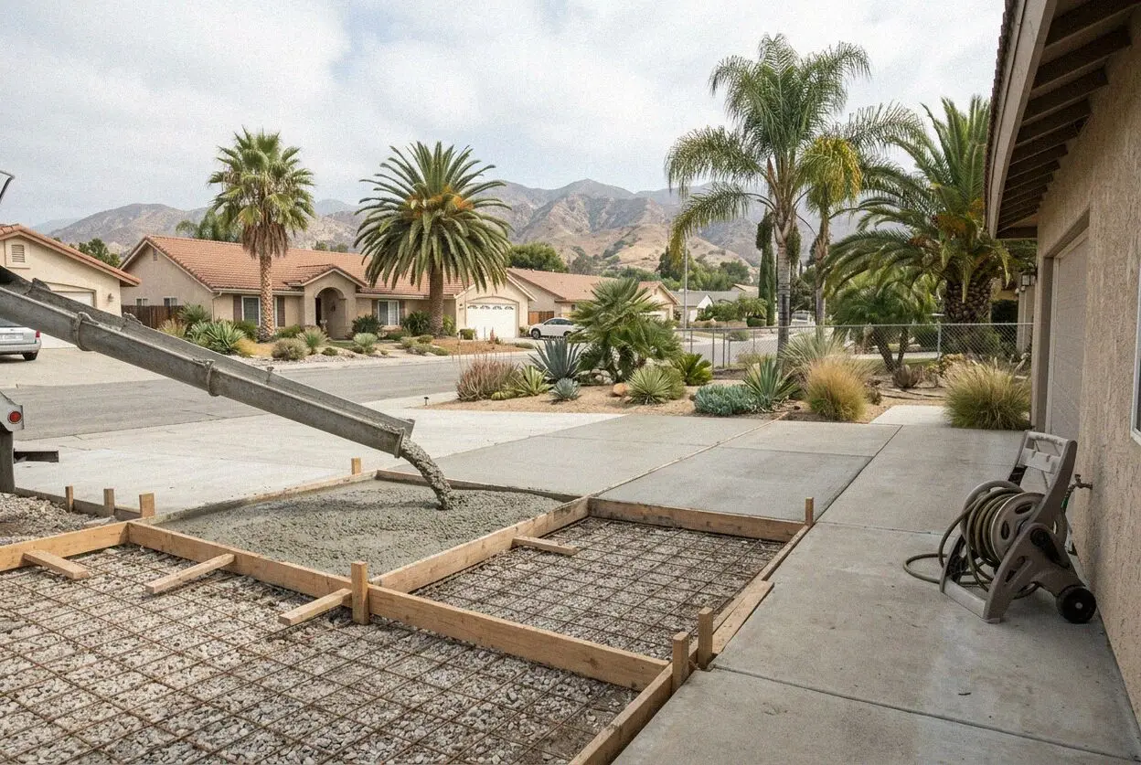 Concrete crew leveling aggregate base on a San Dimas lot