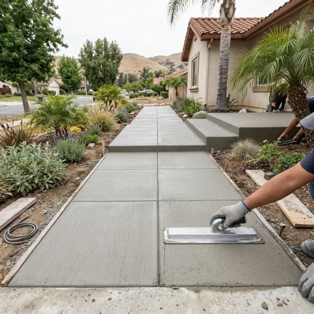 Finished broom texture concrete walkway outside a West Covina house