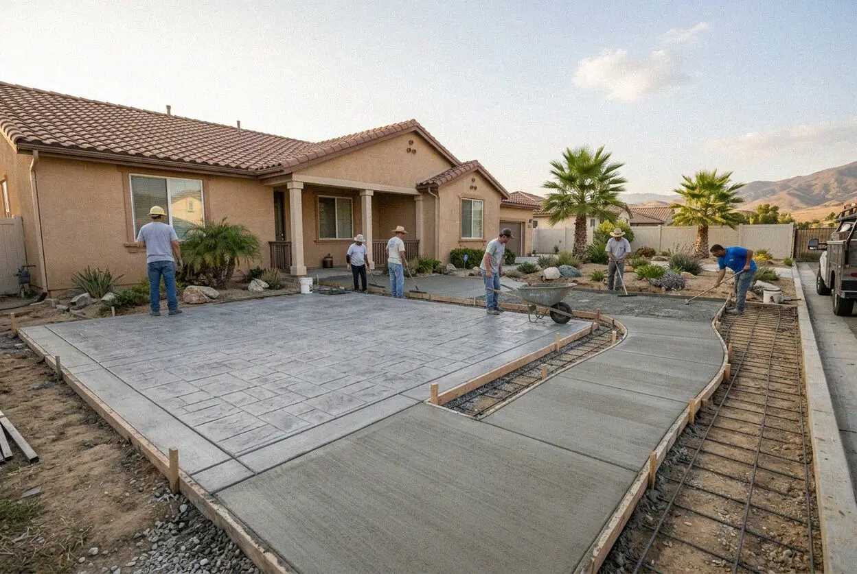 Pouring a reinforced concrete front sidewalk at a West Covina home