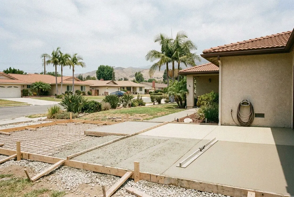 Pouring a reinforced concrete driveway slab in Temple City