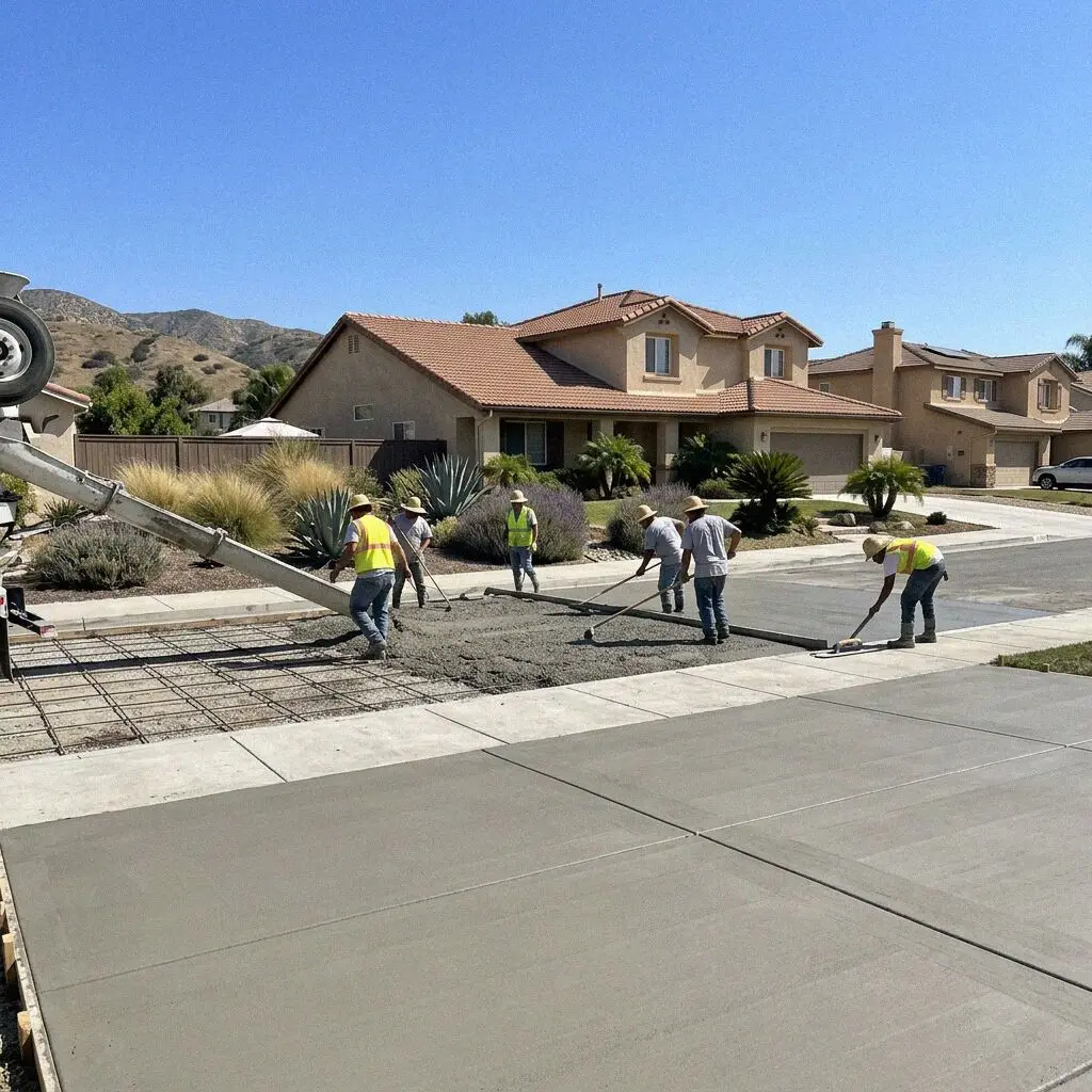 Concrete crew finishing a driveway slab at a West Covina home