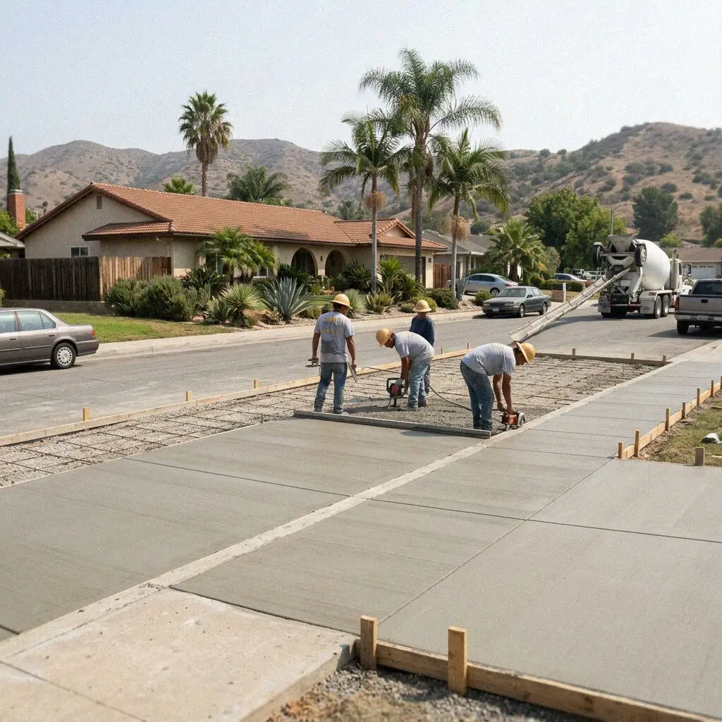 Concrete crew working on a residential street in West Covina