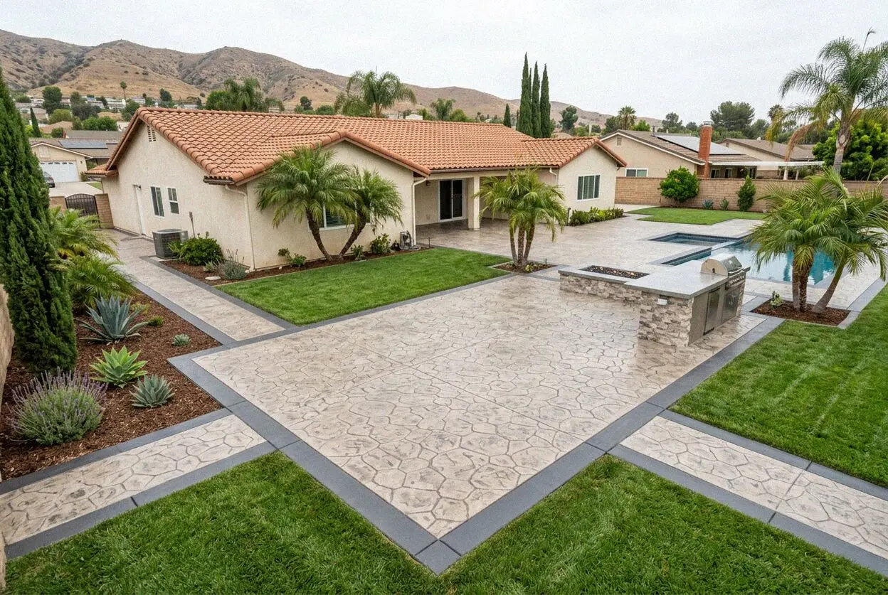 Stamped concrete patio at a house on Lakes Drive in West Covina