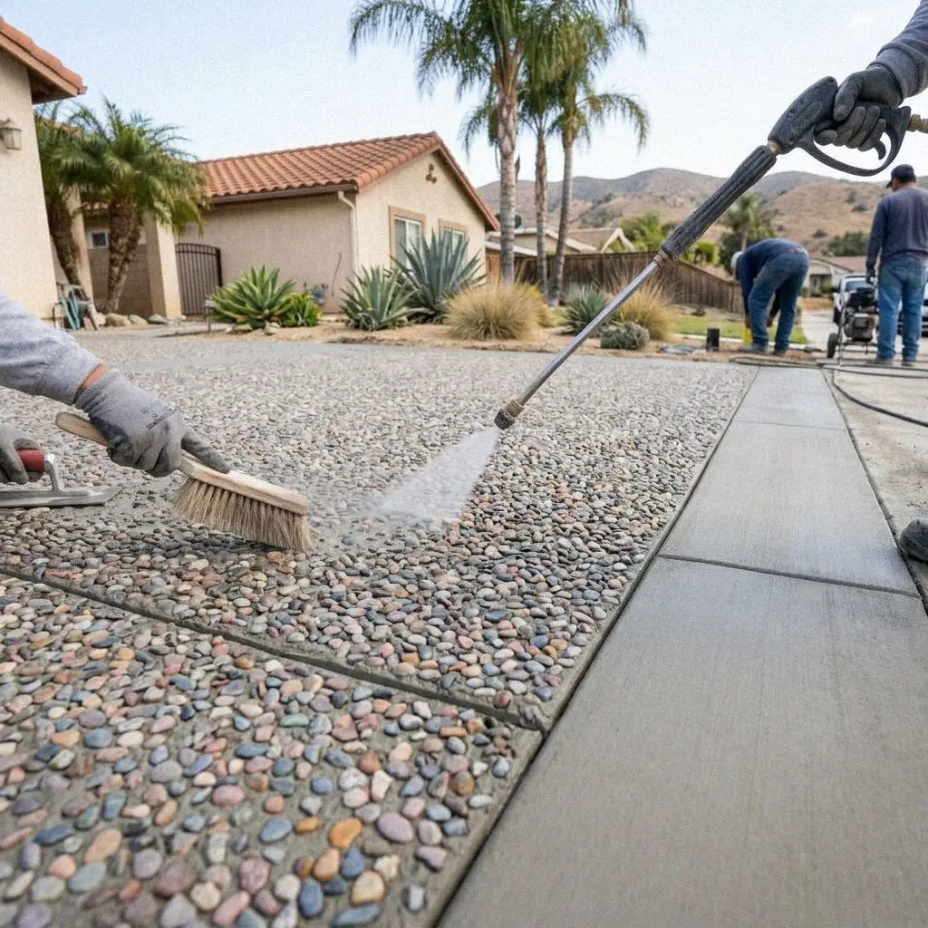 Decorative stamped patio surface with charcoal borders in West Covina