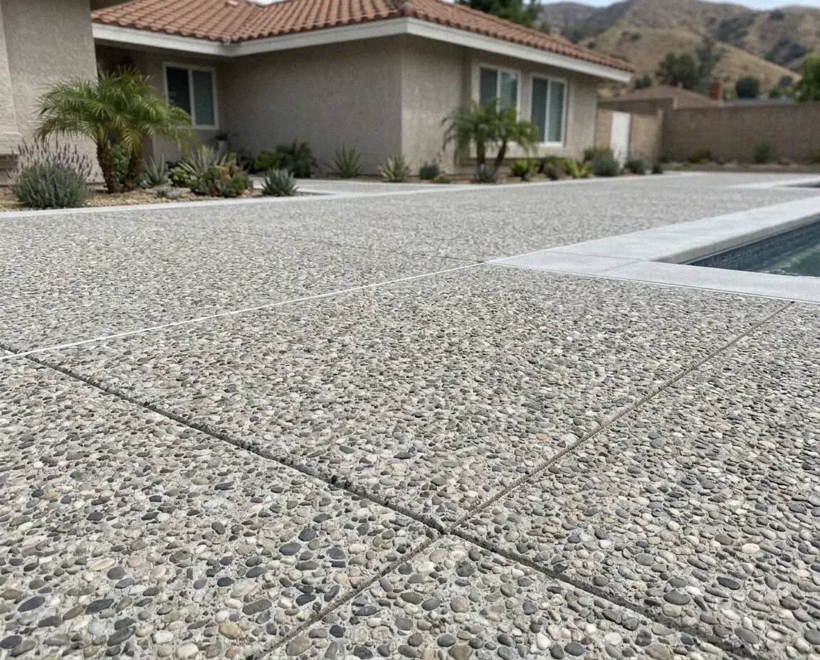 Stamped slate patio with integral charcoal color at a West Covina home