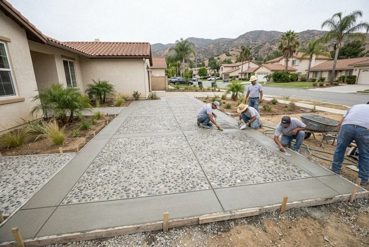 Pouring ashlar slate stamped concrete for a patio at a West Covina home