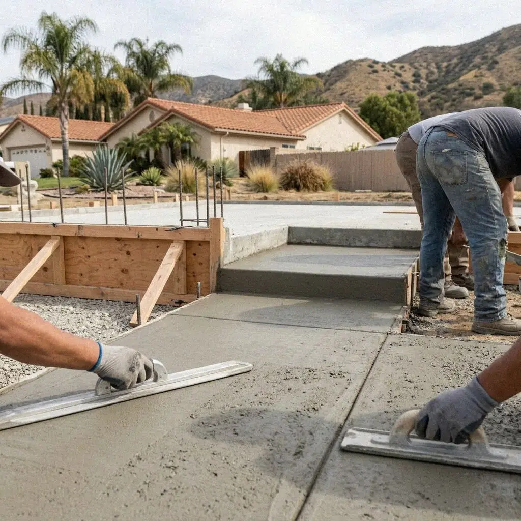 Poured concrete stem wall and footings cure on a West Covina jobsite