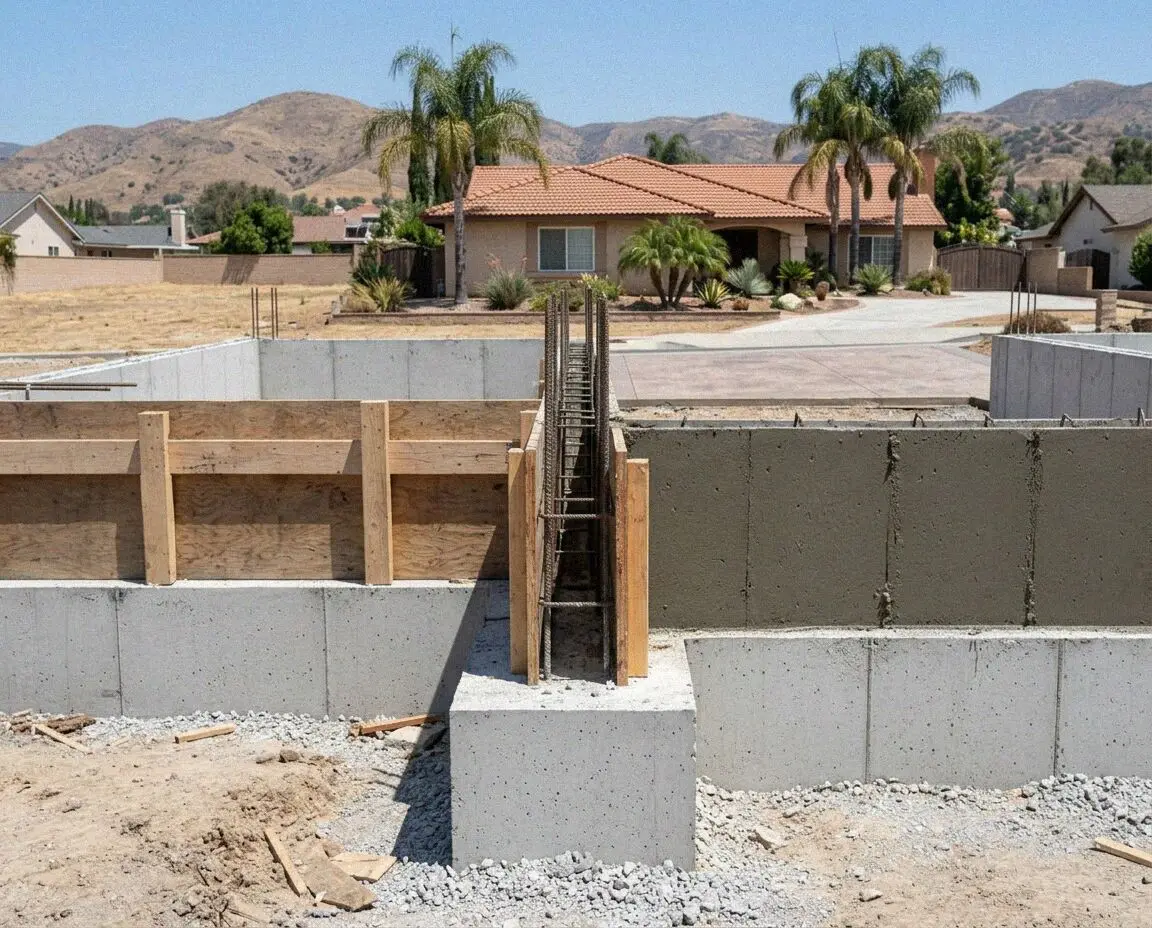 Steel rebar cage set in a trench for a home foundation in West Covina