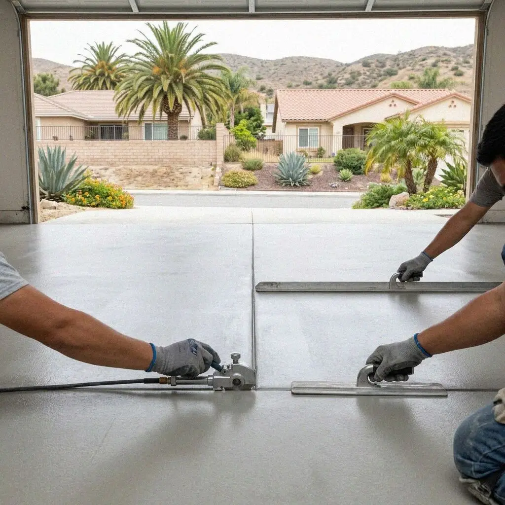 Crew screeding concrete for an attached garage floor in West Covina