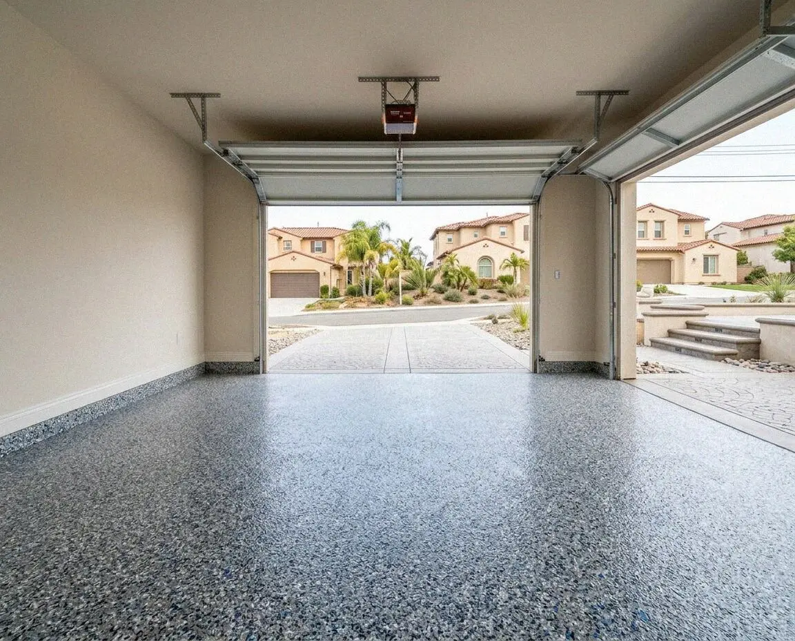 Finished garage floor concrete slab inside a ranch home in West Covina