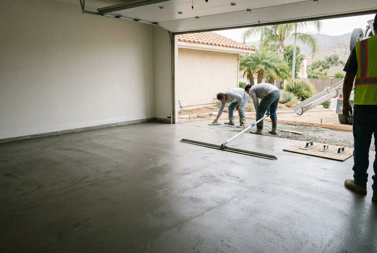 Pouring concrete for a two car garage floor at a West Covina residence