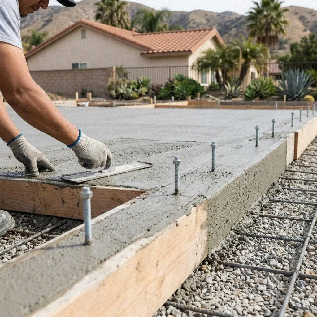 Completed concrete slab foundation for a detached garage in West Covina
