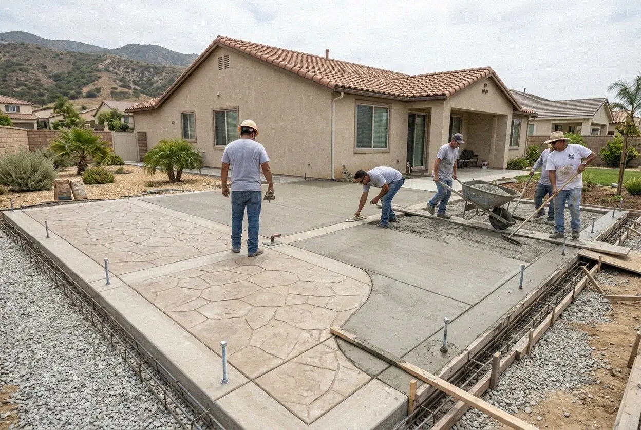 Pouring a reinforced concrete slab foundation at a West Covina home
