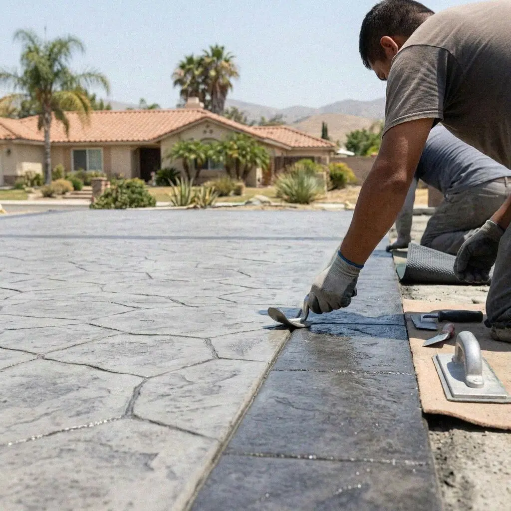 Completed stamped concrete patio in the yard of a West Covina home