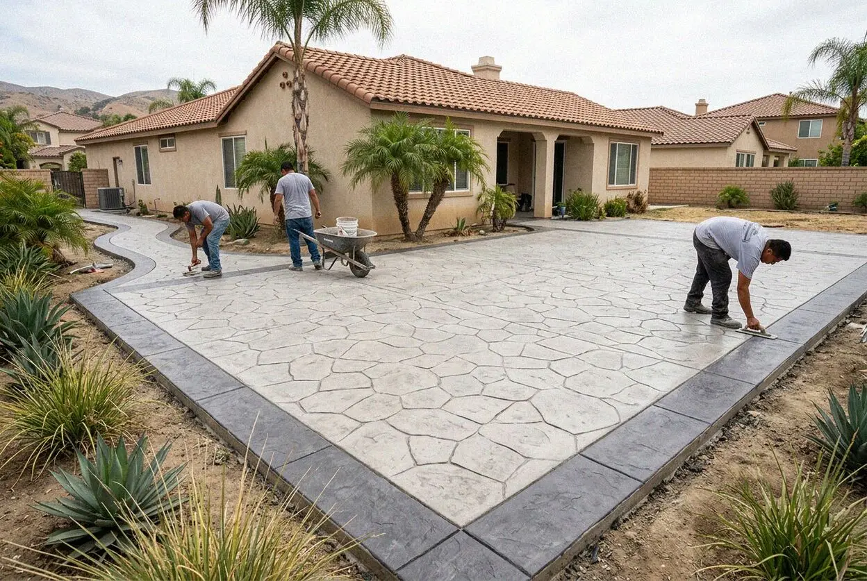 Crew stamping fresh concrete patio with slate mats in West Covina
